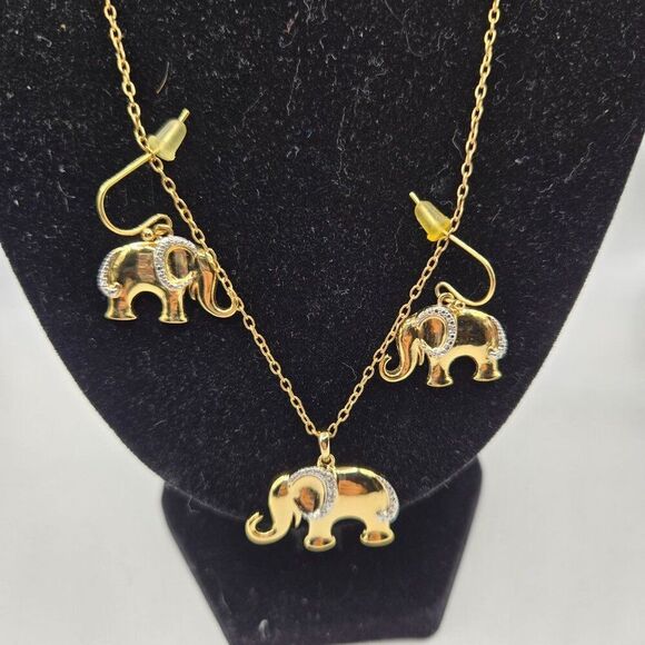 Gold Tone Elephant Necklace Earrings Set Crystal Accents 18" - Picture 2 of 6